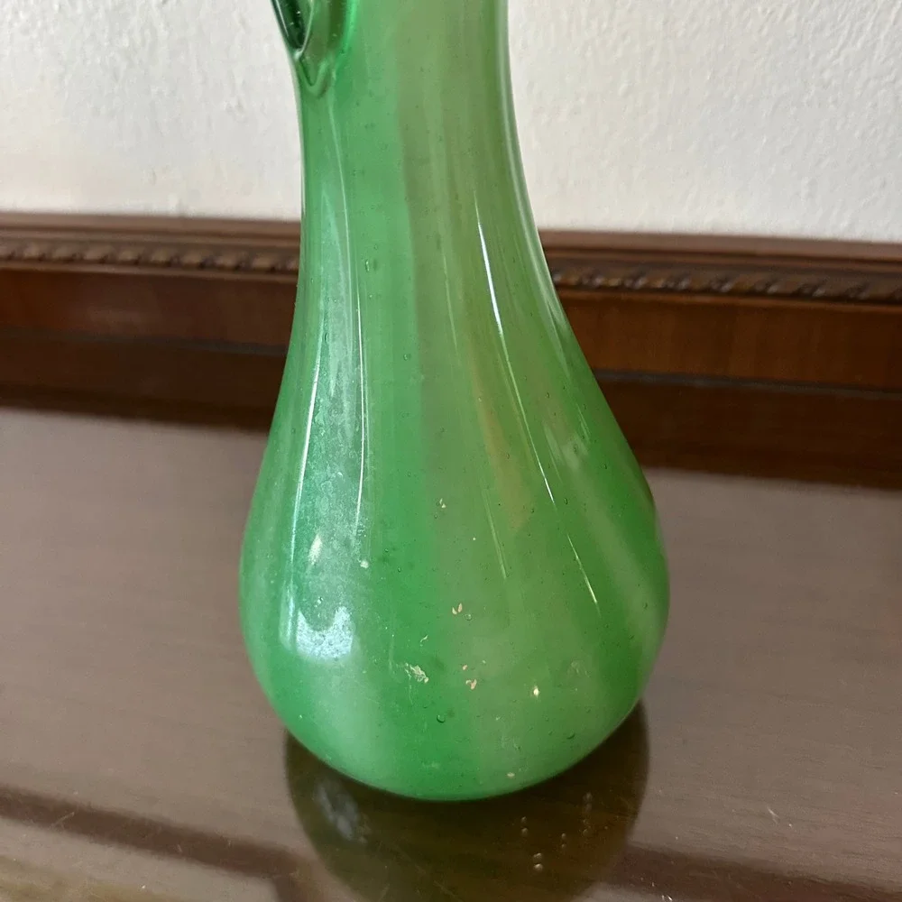 Vintage Green Cased Art Glass Vase Murano Style Pulled Wing Rim 10'' Mid Century